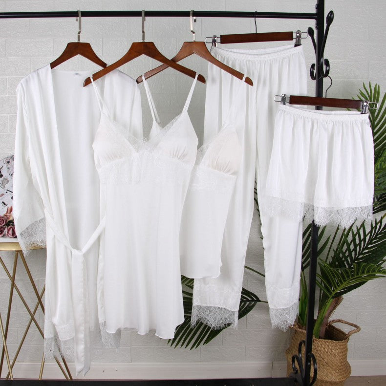 Bianco 5PCS Set da notte Pigiama Lady Pigiama in raso di pizzo Kimono Abito da bagno Indumenti da notte larghi Abbigliamento per la casa Scollo a V Indumenti da notte casual