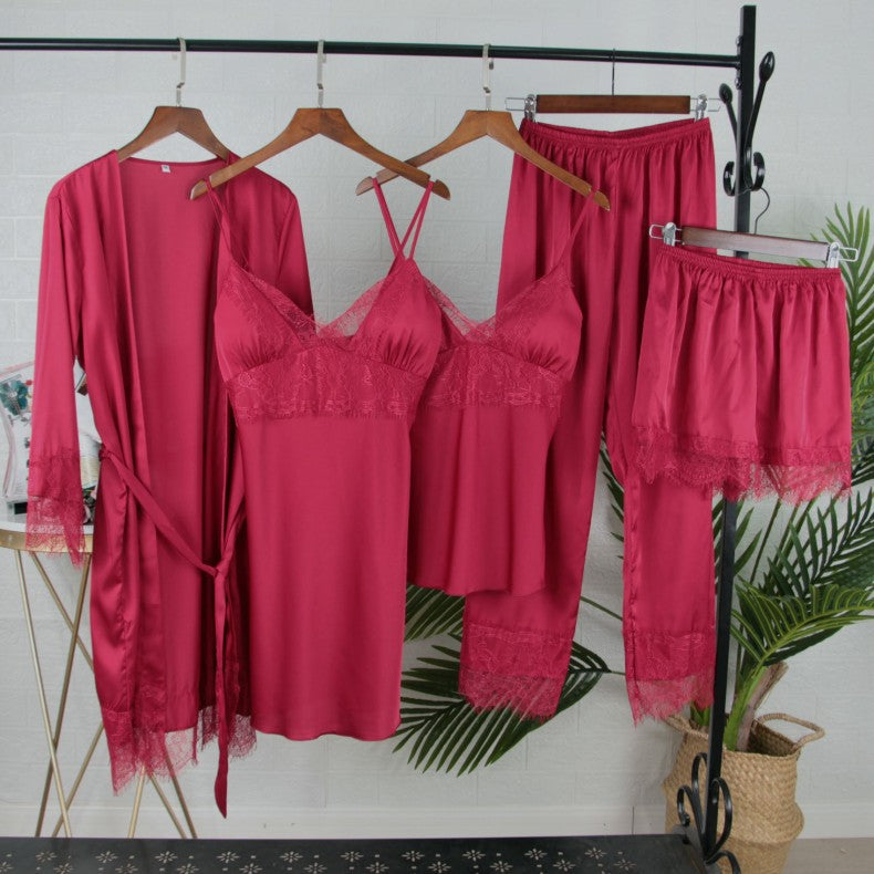 Bianco 5PCS Set da notte Pigiama Lady Pigiama in raso di pizzo Kimono Abito da bagno Indumenti da notte larghi Abbigliamento per la casa Scollo a V Indumenti da notte casual