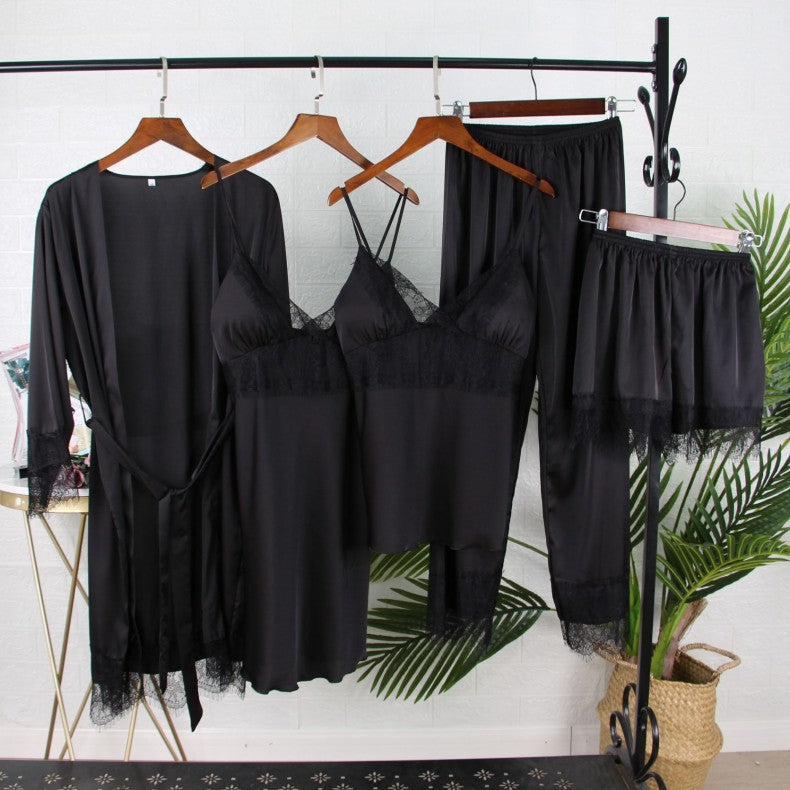 Bianco 5PCS Set da notte Pigiama Lady Pigiama in raso di pizzo Kimono Abito da bagno Indumenti da notte larghi Abbigliamento per la casa Scollo a V Indumenti da notte casual