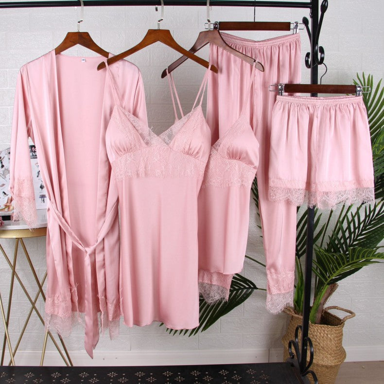 Bianco 5PCS Set da notte Pigiama Lady Pigiama in raso di pizzo Kimono Abito da bagno Indumenti da notte larghi Abbigliamento per la casa Scollo a V Indumenti da notte casual