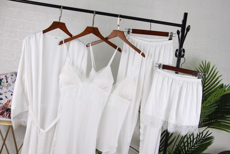 Bianco 5PCS Set da notte Pigiama Lady Pigiama in raso di pizzo Kimono Abito da bagno Indumenti da notte larghi Abbigliamento per la casa Scollo a V Indumenti da notte casual