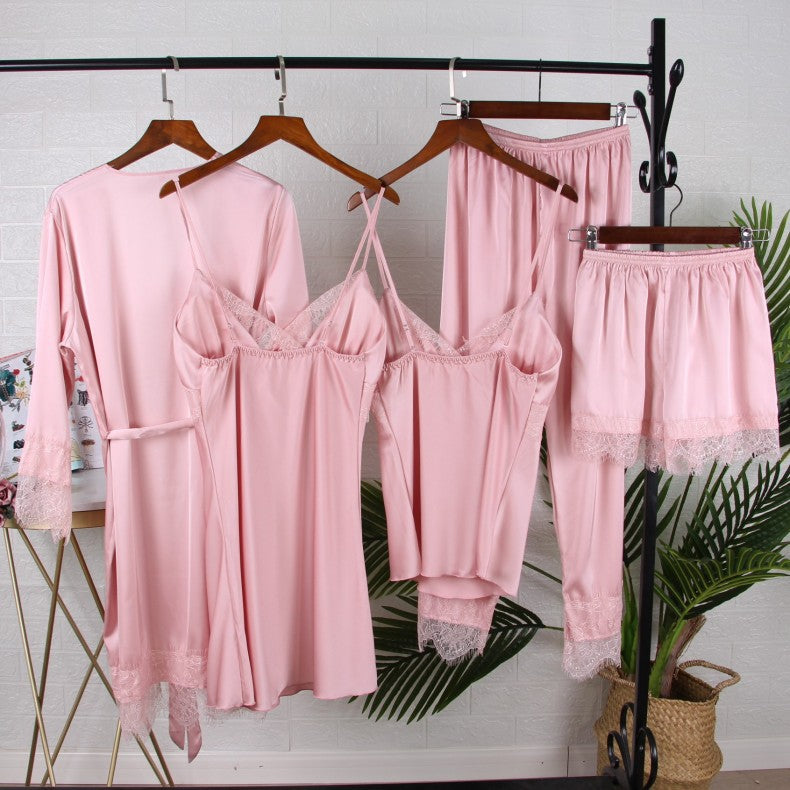 Bianco 5PCS Set da notte Pigiama Lady Pigiama in raso di pizzo Kimono Abito da bagno Indumenti da notte larghi Abbigliamento per la casa Scollo a V Indumenti da notte casual
