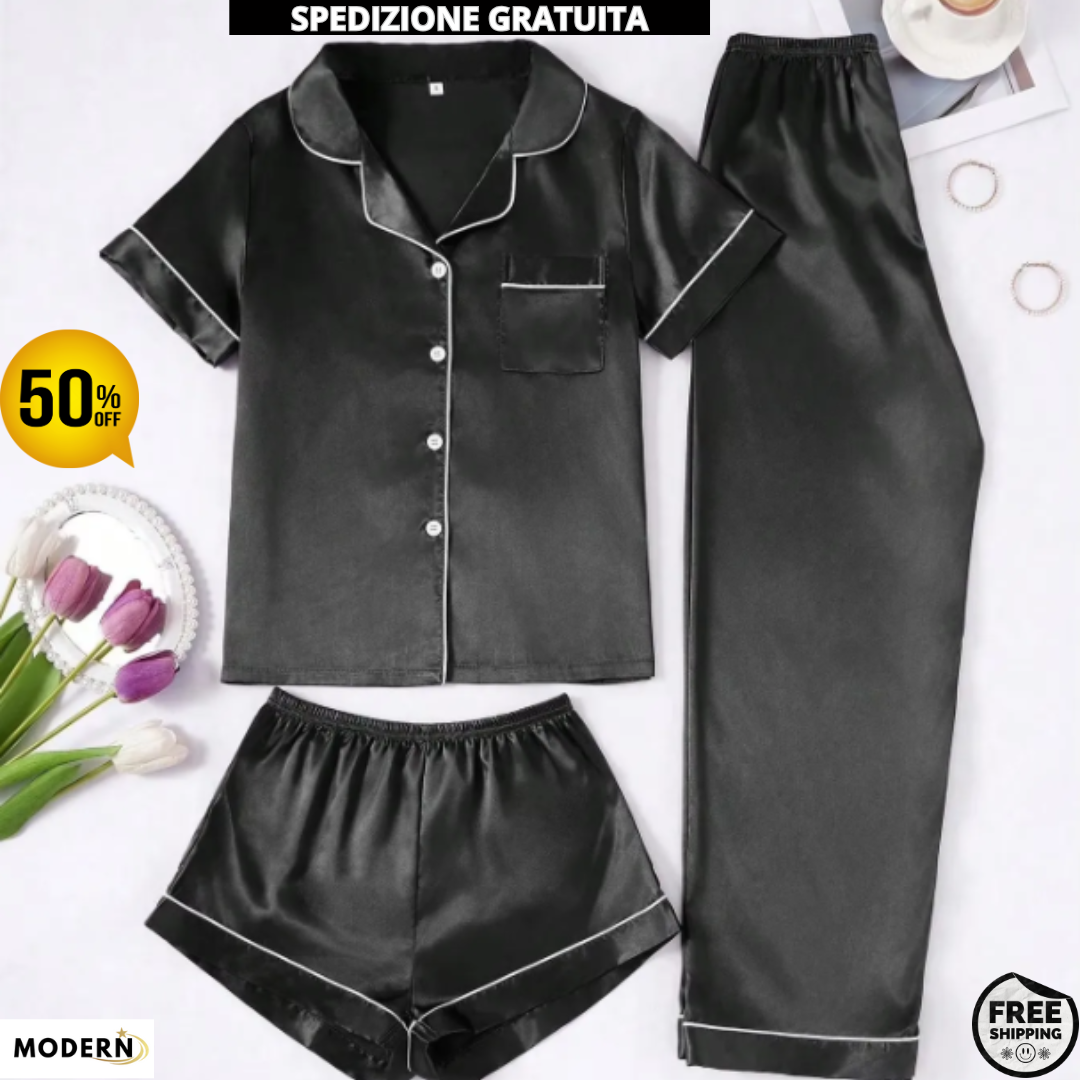 Set pigiama da donna in raso 3 pezzi