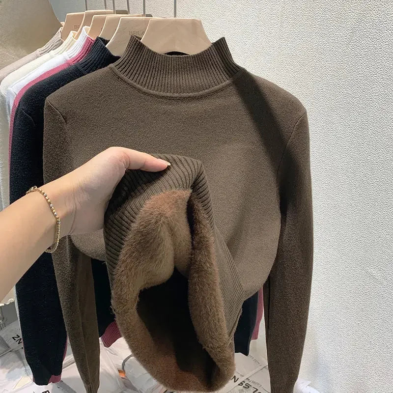 Elegante maglione addensato foderato in pile da donna per Polo a maniche lunghe autunno/inverno/Top termico con collo alto usura interna