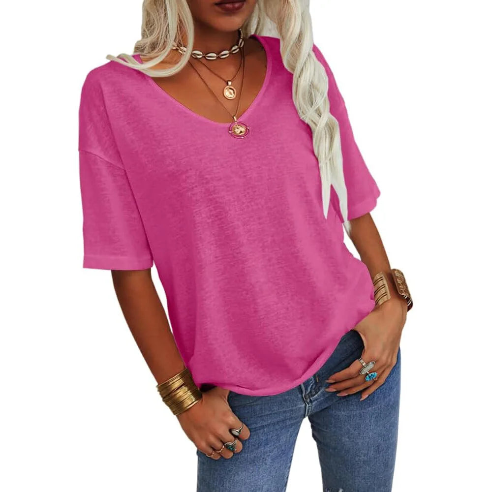 T-shirt da donna girocollo tinta unita in cotone mezza manica manica manica 3/4 casual piega ampia abiti autunnali di base