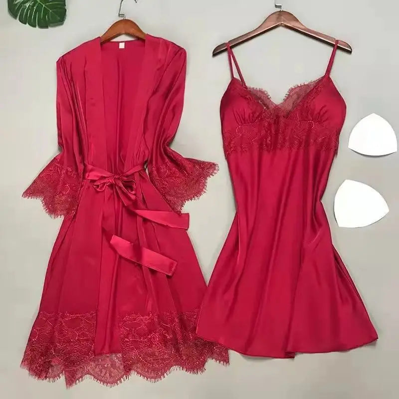 Bianco 5PCS Set da notte Pigiama Lady Pigiama in raso di pizzo Kimono Abito da bagno Indumenti da notte larghi Abbigliamento per la casa Scollo a V Indumenti da notte casual