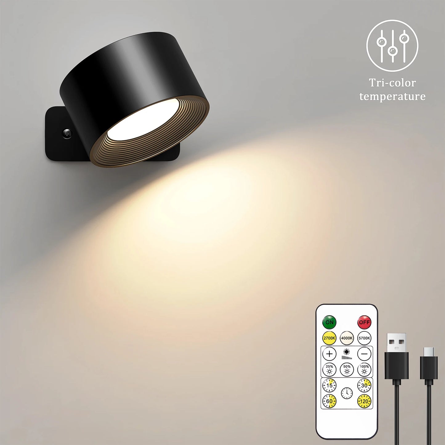 2000mAh Magnetic LED Wall Light – Rechargeable, 3 Colors and 360° Rotation
