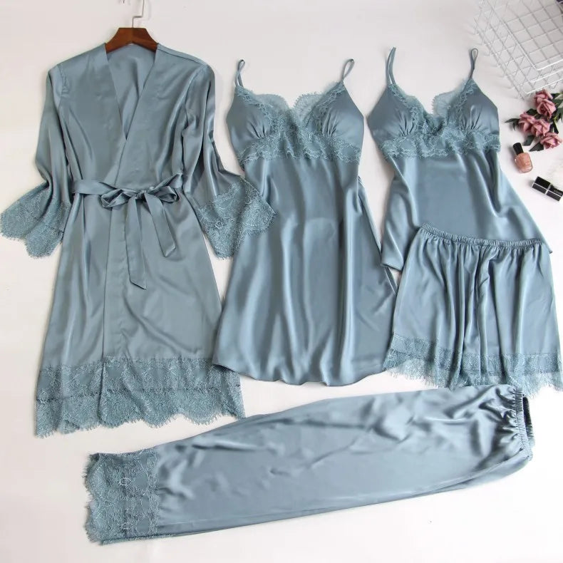 Bianco 5PCS Set da notte Pigiama Lady Pigiama in raso di pizzo Kimono Abito da bagno Indumenti da notte larghi Abbigliamento per la casa Scollo a V Indumenti da notte casual