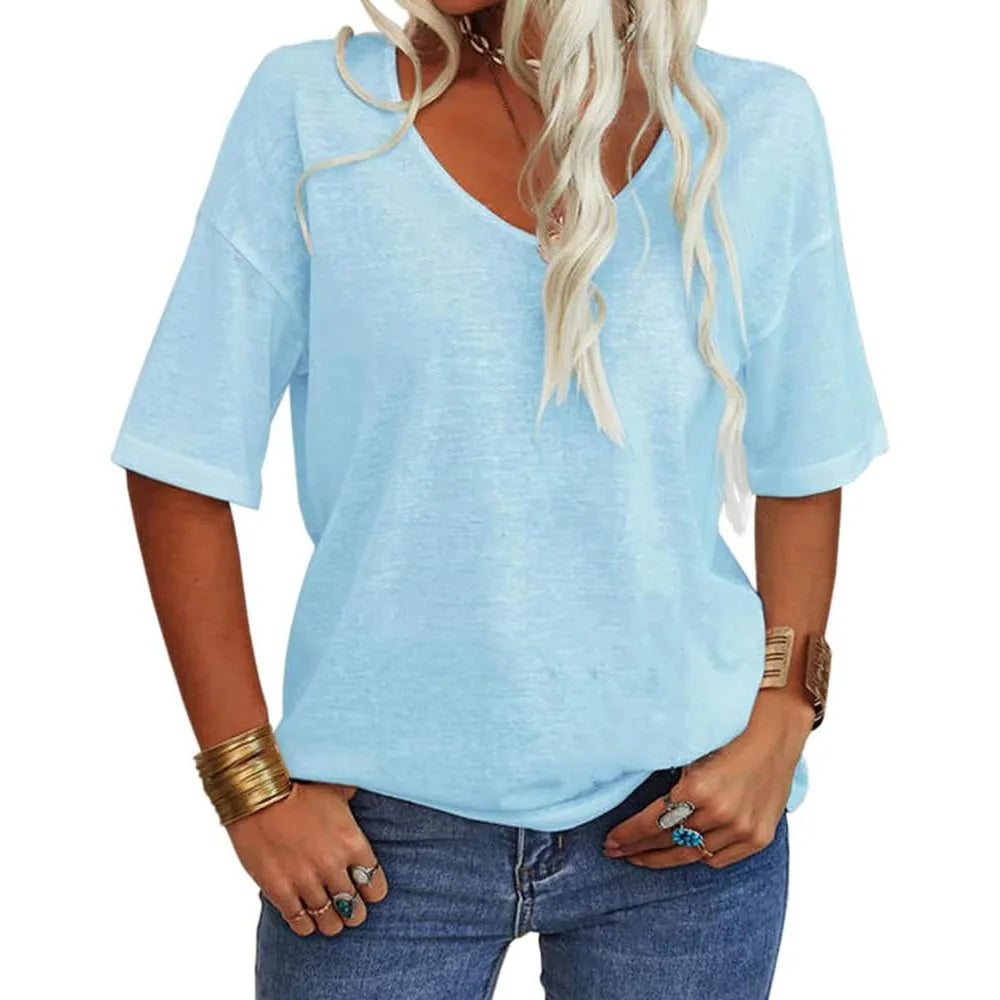 T-shirt da donna girocollo tinta unita in cotone mezza manica manica manica 3/4 casual piega ampia abiti autunnali di base