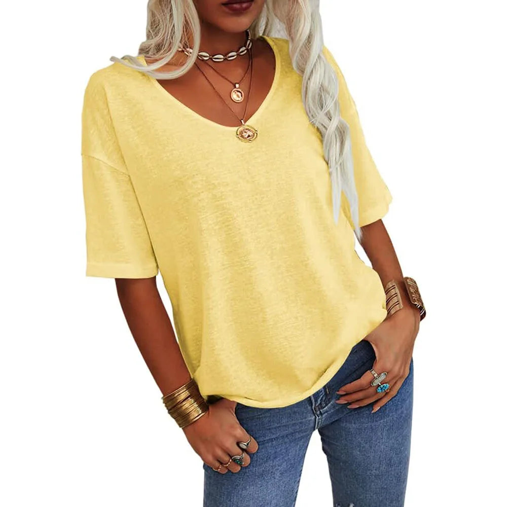 T-shirt da donna girocollo tinta unita in cotone mezza manica manica manica 3/4 casual piega ampia abiti autunnali di base