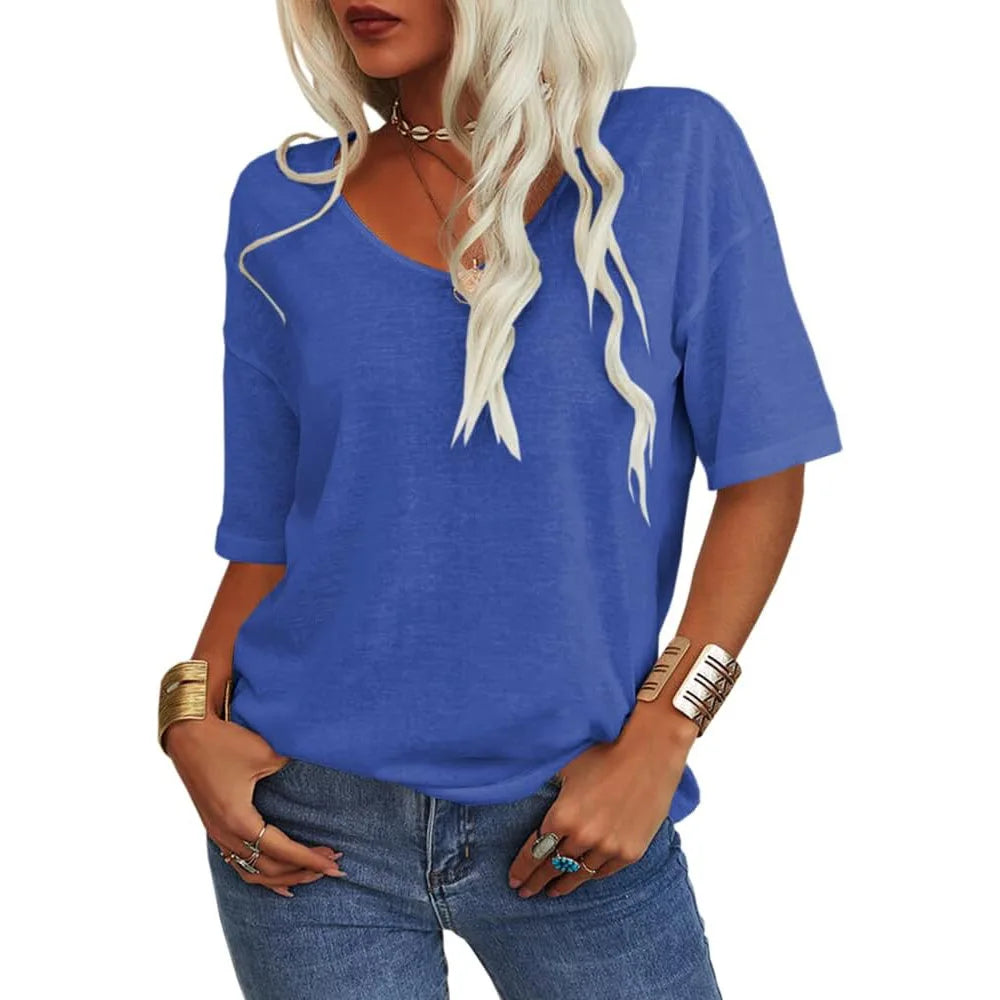 T-shirt da donna girocollo tinta unita in cotone mezza manica manica manica 3/4 casual piega ampia abiti autunnali di base