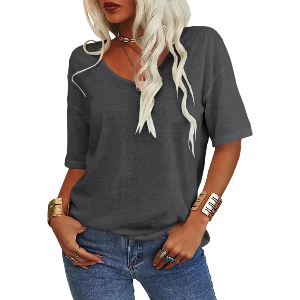 T-shirt da donna girocollo tinta unita in cotone mezza manica manica manica 3/4 casual piega ampia abiti autunnali di base