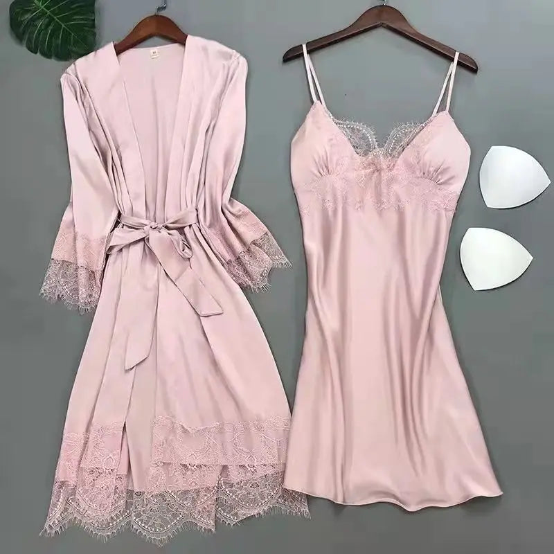 Bianco 5PCS Set da notte Pigiama Lady Pigiama in raso di pizzo Kimono Abito da bagno Indumenti da notte larghi Abbigliamento per la casa Scollo a V Indumenti da notte casual
