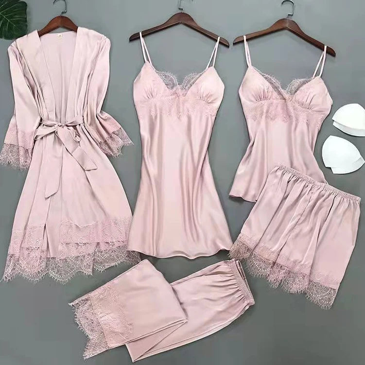 Bianco 5PCS Set da notte Pigiama Lady Pigiama in raso di pizzo Kimono Abito da bagno Indumenti da notte larghi Abbigliamento per la casa Scollo a V Indumenti da notte casual