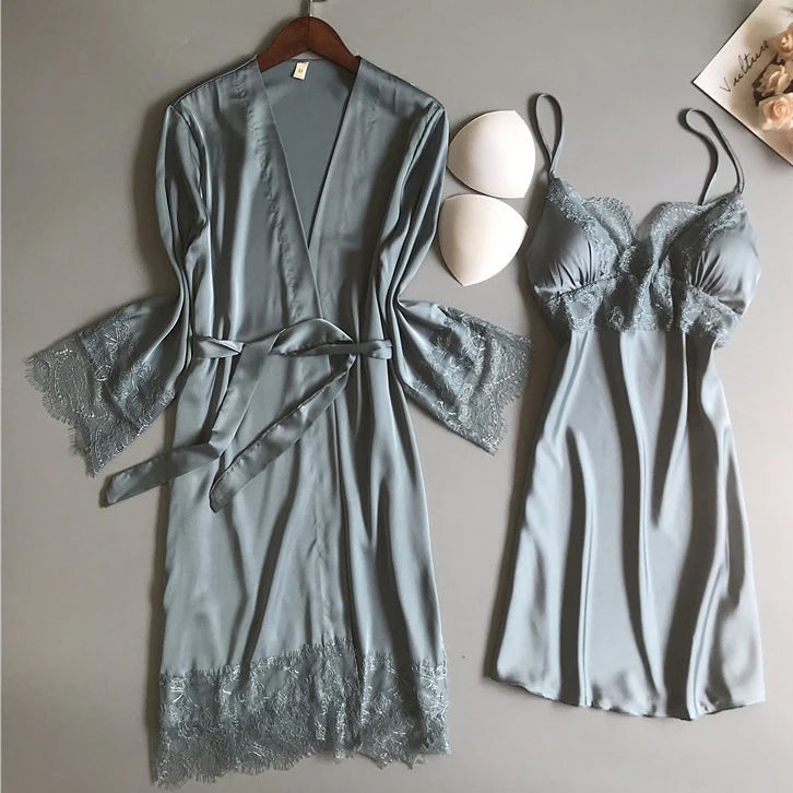 Bianco 5PCS Set da notte Pigiama Lady Pigiama in raso di pizzo Kimono Abito da bagno Indumenti da notte larghi Abbigliamento per la casa Scollo a V Indumenti da notte casual