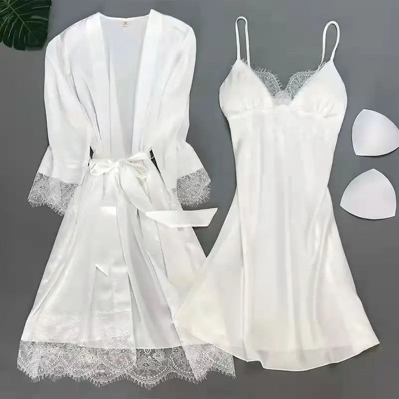 Bianco 5PCS Set da notte Pigiama Lady Pigiama in raso di pizzo Kimono Abito da bagno Indumenti da notte larghi Abbigliamento per la casa Scollo a V Indumenti da notte casual