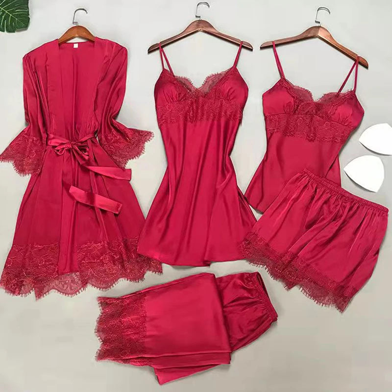 Bianco 5PCS Set da notte Pigiama Lady Pigiama in raso di pizzo Kimono Abito da bagno Indumenti da notte larghi Abbigliamento per la casa Scollo a V Indumenti da notte casual
