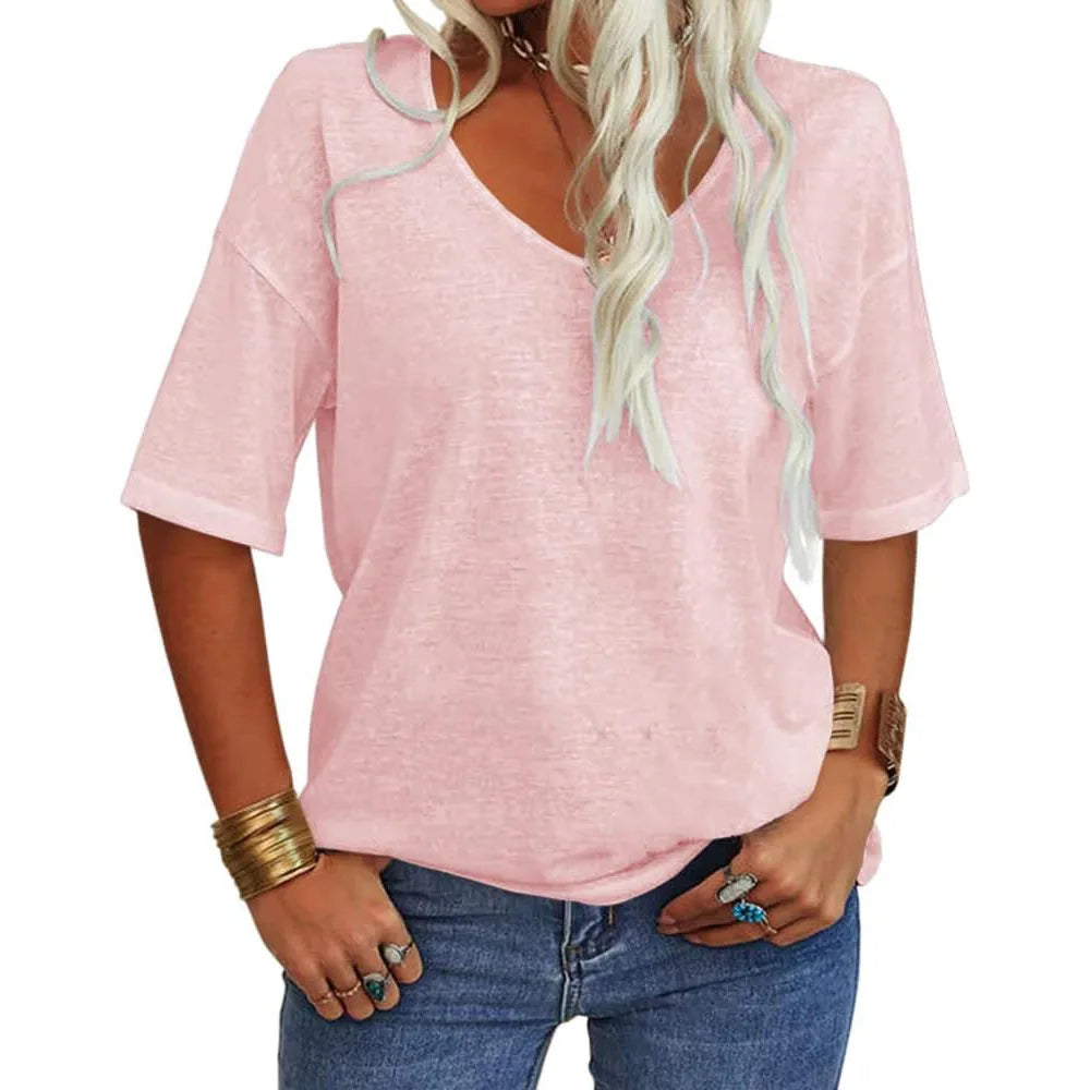T-shirt da donna girocollo tinta unita in cotone mezza manica manica manica 3/4 casual piega ampia abiti autunnali di base