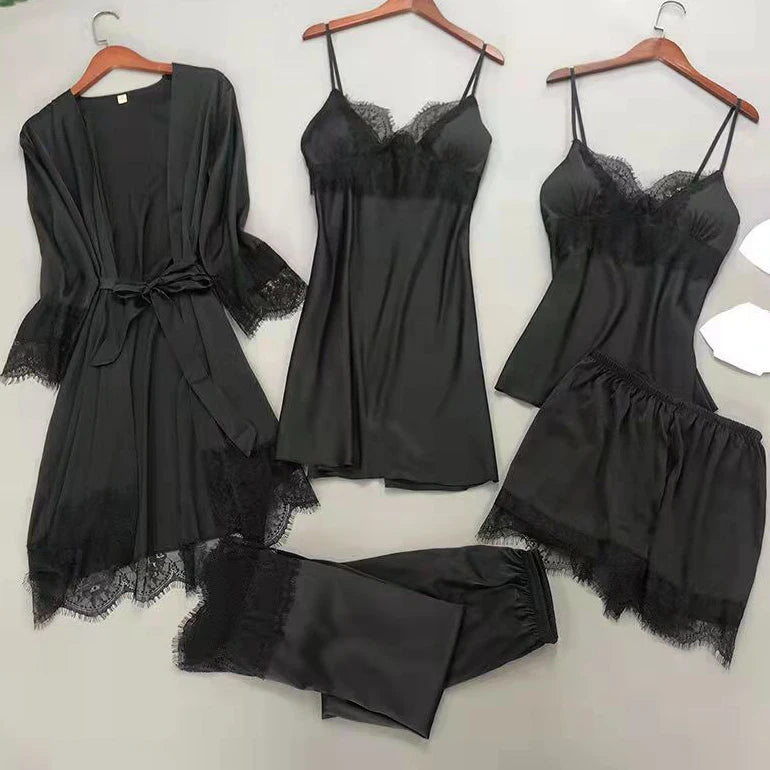 Bianco 5PCS Set da notte Pigiama Lady Pigiama in raso di pizzo Kimono Abito da bagno Indumenti da notte larghi Abbigliamento per la casa Scollo a V Indumenti da notte casual