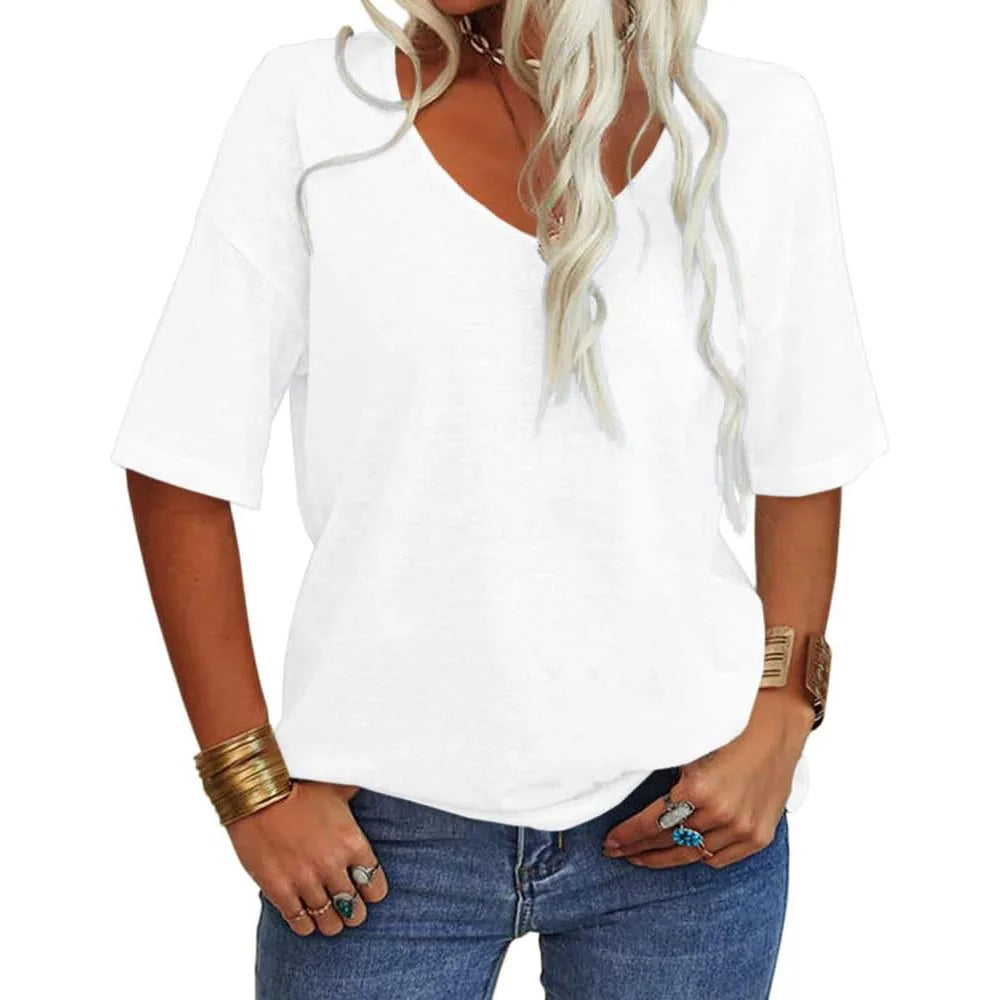 T-shirt da donna girocollo tinta unita in cotone mezza manica manica manica 3/4 casual piega ampia abiti autunnali di base