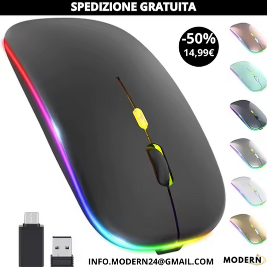 Mouse Silenzioso Wireless Ultrasottile Ricaricabile Colorato