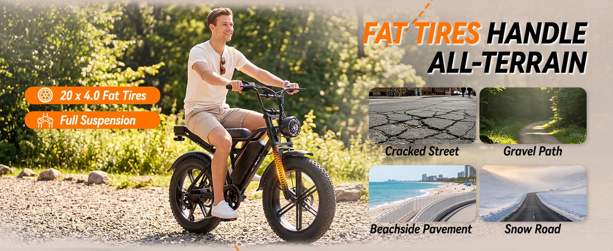 Jasion Electric Bike, Fat Tire 48V 15Ah Removable Battery, 5 Riding  Modes & 7-Speed Ebike, Full Suspension, IPX6, for Commuters, Beaches, Weekends