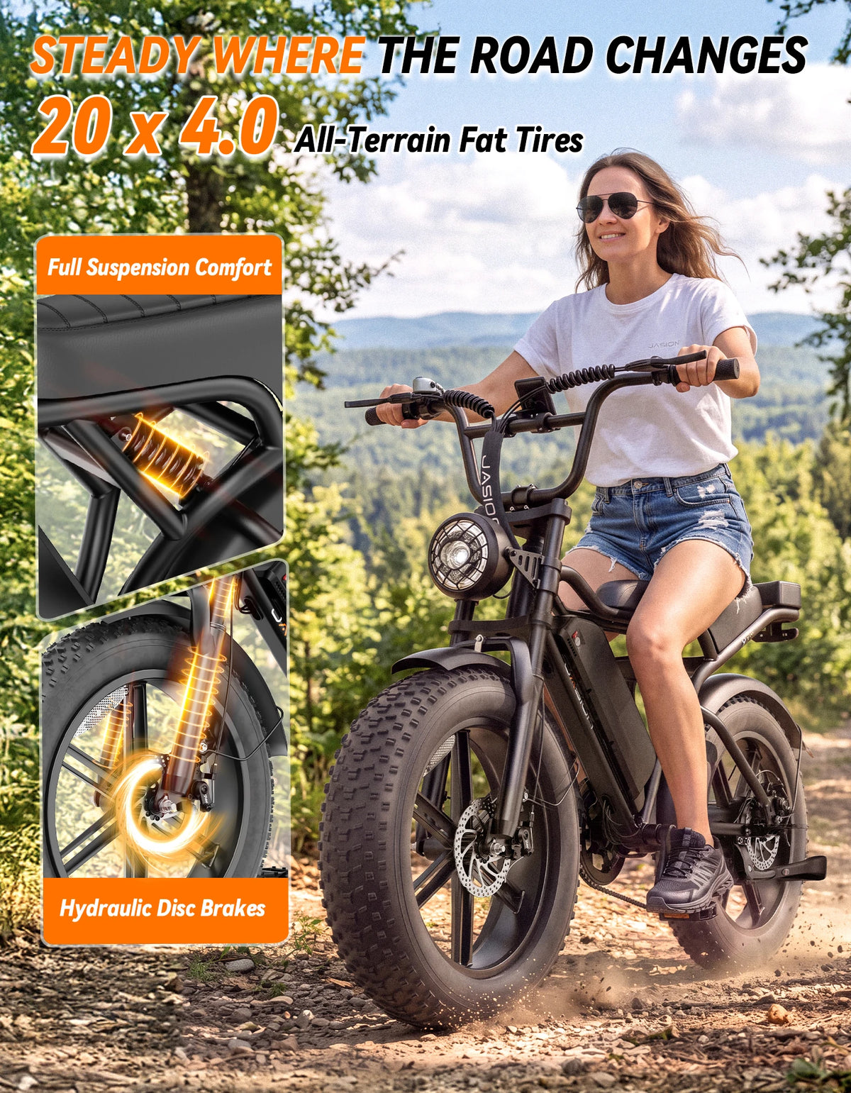 Jasion Electric Bike, Fat Tire 48V 15Ah Removable Battery, 5 Riding  Modes & 7-Speed Ebike, Full Suspension, IPX6, for Commuters, Beaches, Weekends