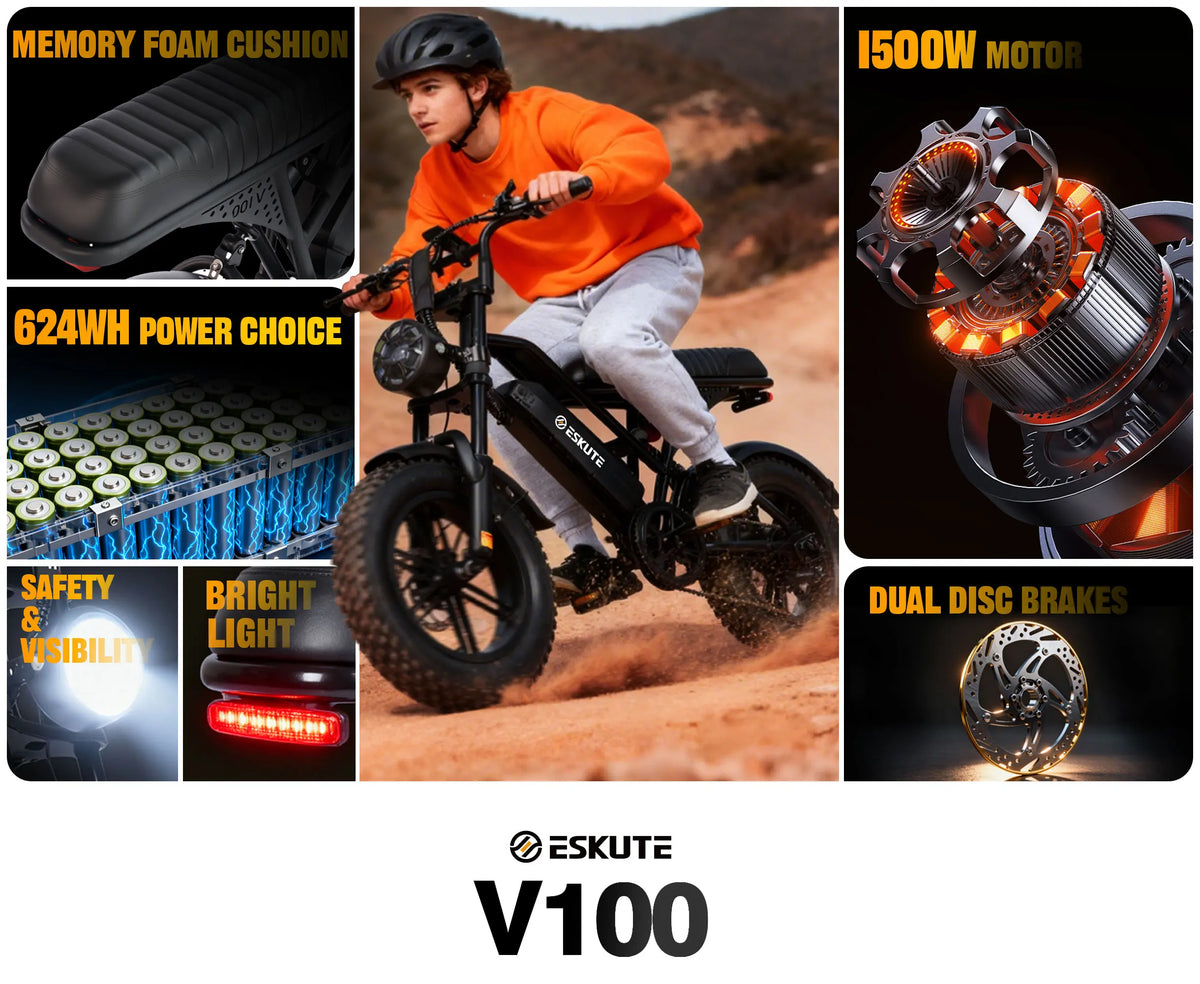 Eskute V100 Fat-Tire Electric Bike – 48V 13Ah, 16-Inch Tires