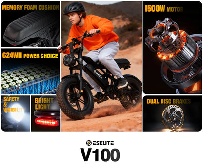 Eskute V100 Fat-Tire Electric Bike – 48V 13Ah, 16-Inch Tires