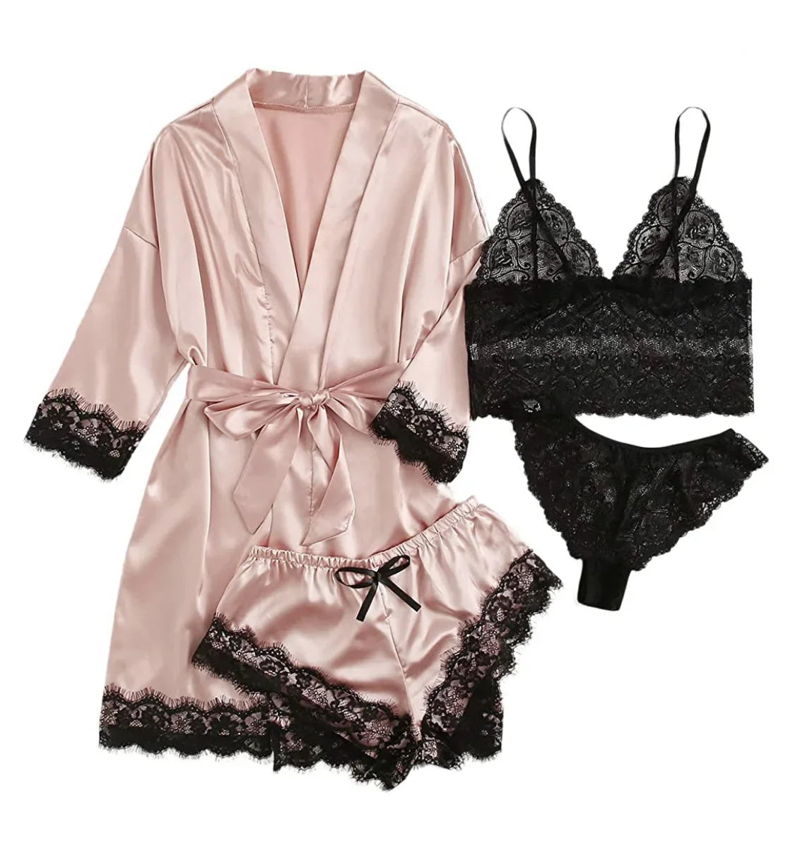 4 Piece Satin Pajama Set with Lace Trim.