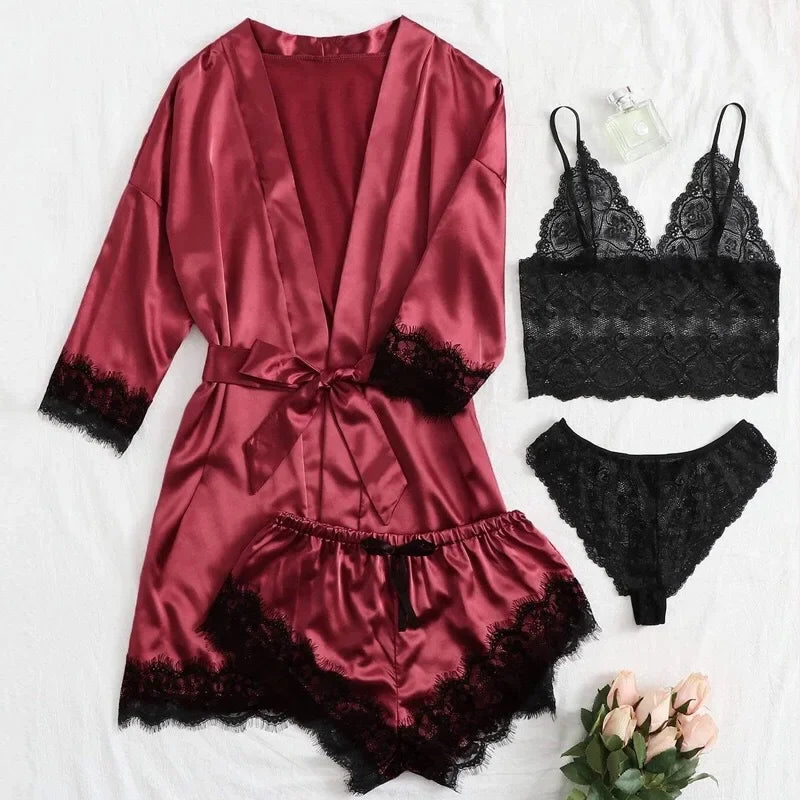 4 Piece Satin Pajama Set with Lace Trim.