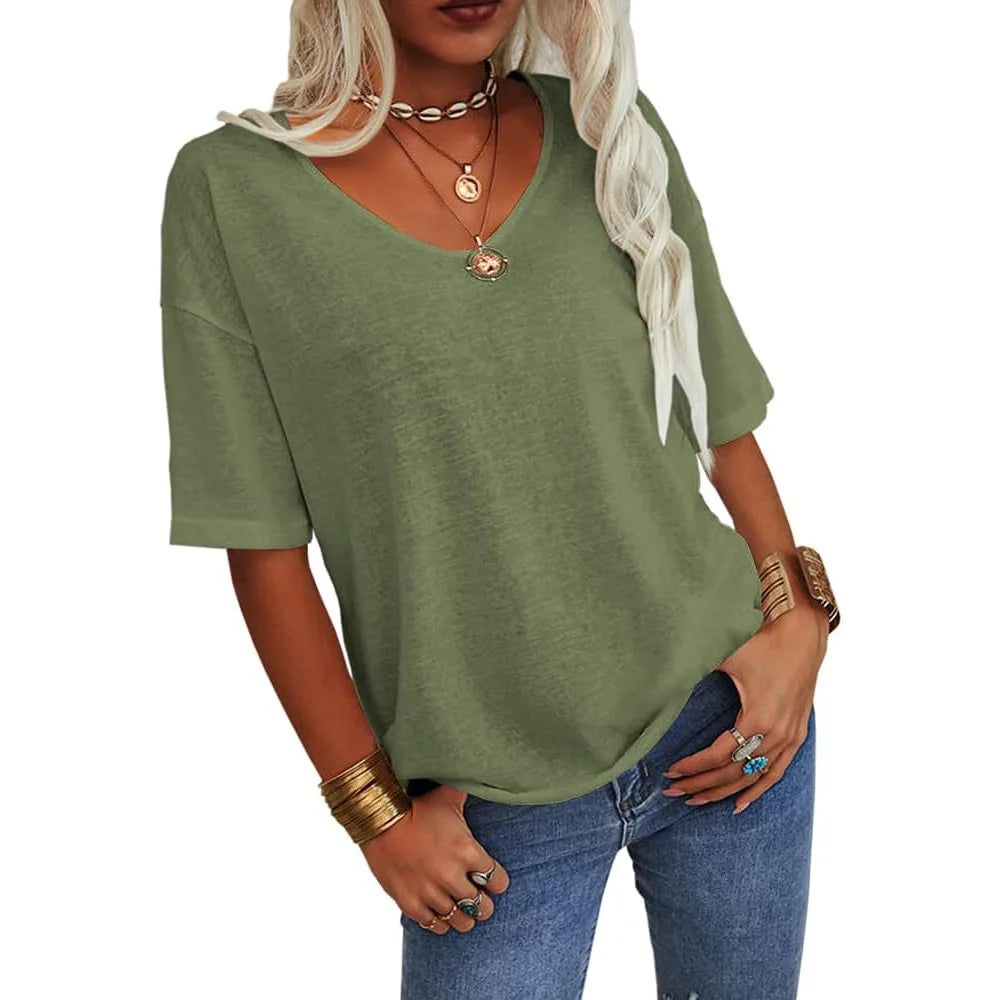 T-shirt da donna girocollo tinta unita in cotone mezza manica manica manica 3/4 casual piega ampia abiti autunnali di base