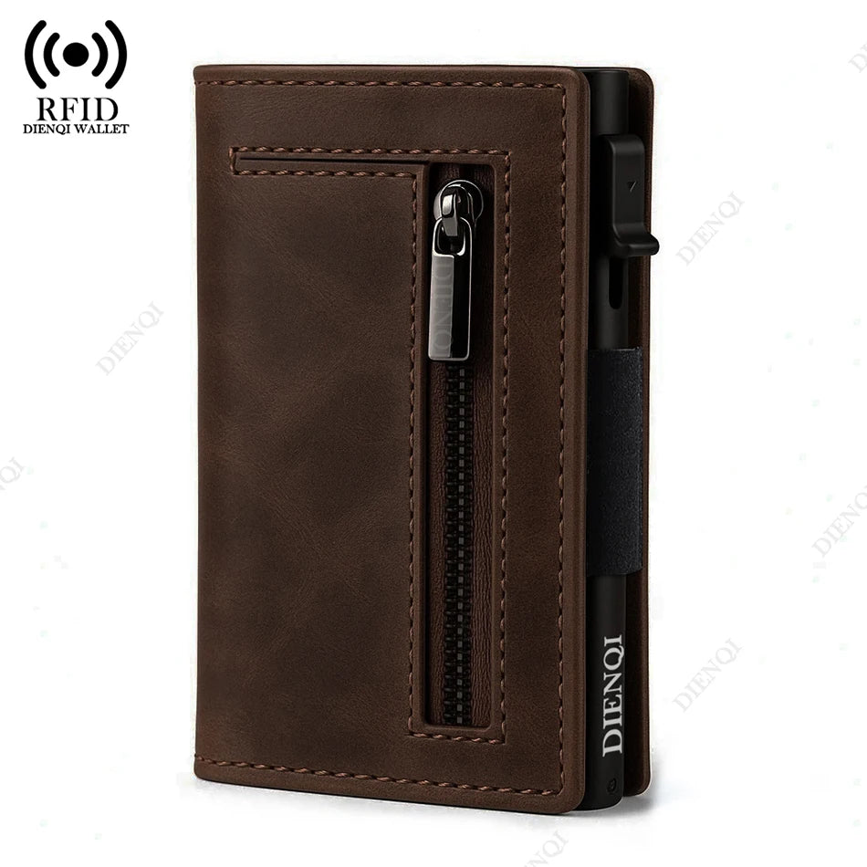 Leather RFID Card Holder – Slim Wallet and Magnetic Coin Pocket