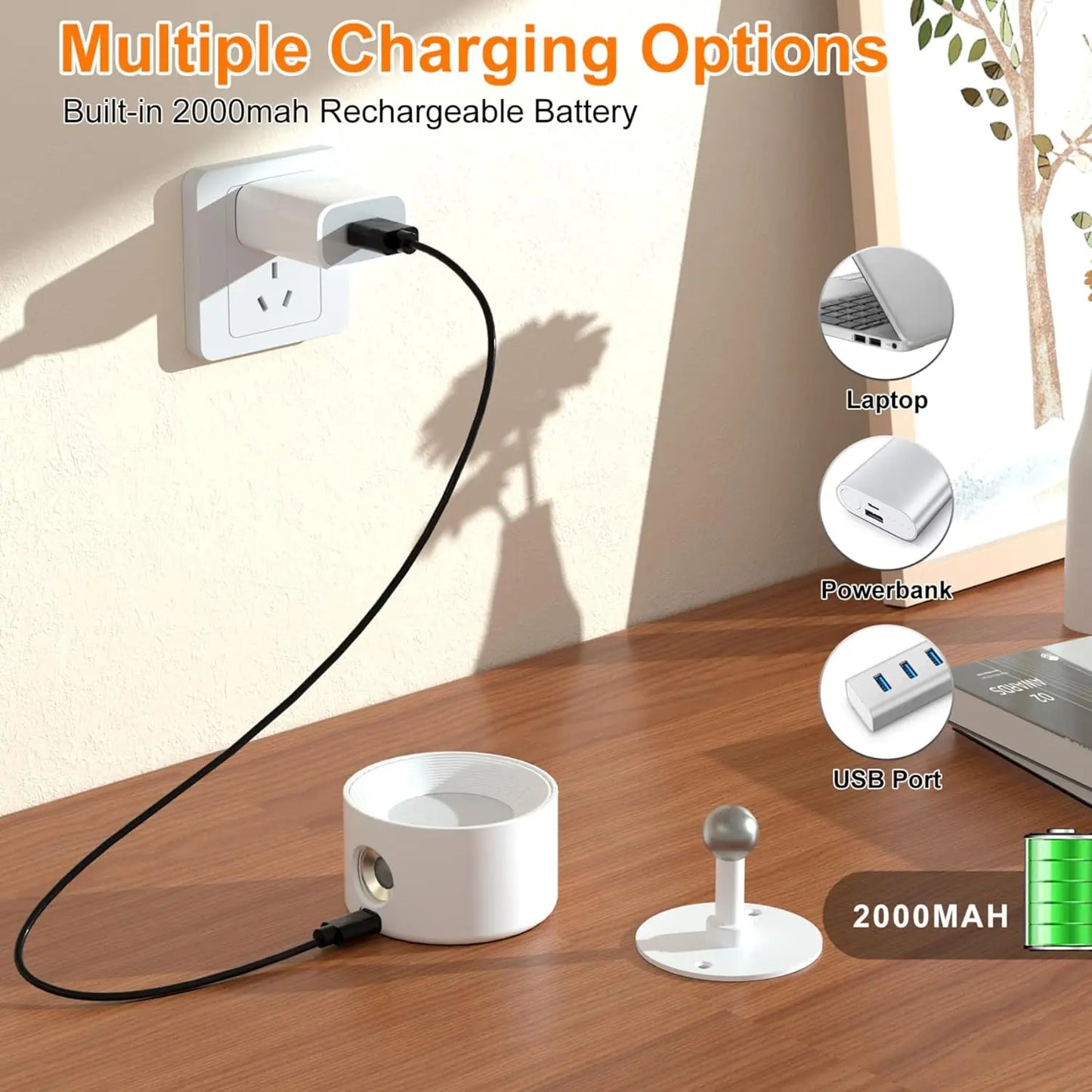 2000mAh Magnetic LED Wall Light – Rechargeable, 3 Colors and 360° Rotation