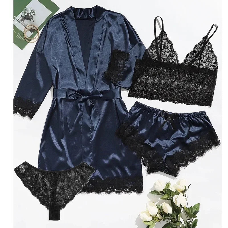 4 Piece Satin Pajama Set with Lace Trim.