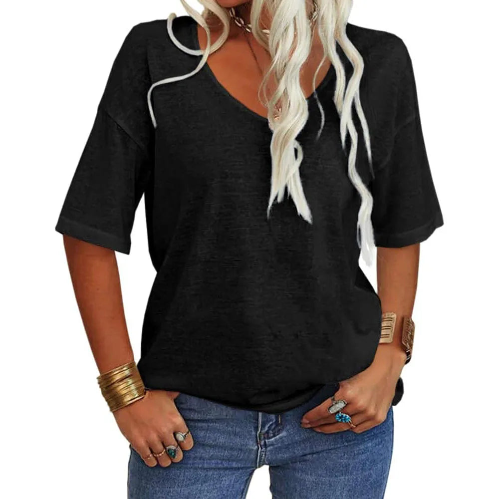 T-shirt da donna girocollo tinta unita in cotone mezza manica manica manica 3/4 casual piega ampia abiti autunnali di base