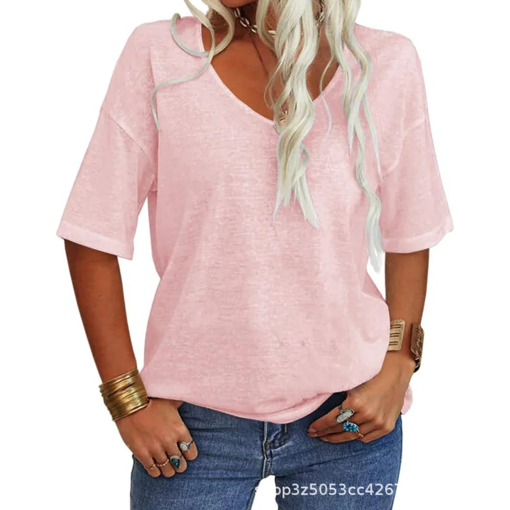 T-shirt a maniche corte da donna estiva con scollo a V allentata rosa moda Top casual nero Street Basic White Tees