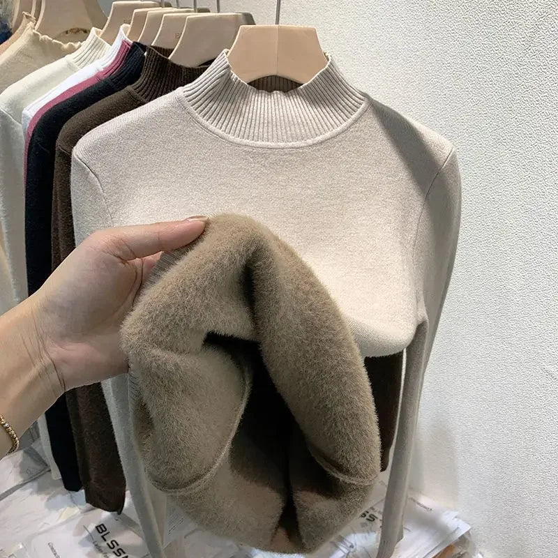 Elegante maglione addensato foderato in pile da donna per Polo a maniche lunghe autunno/inverno/Top termico con collo alto usura interna