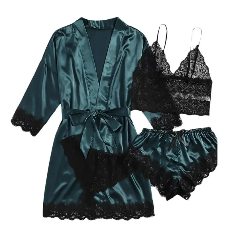 4 Piece Satin Pajama Set with Lace Trim.