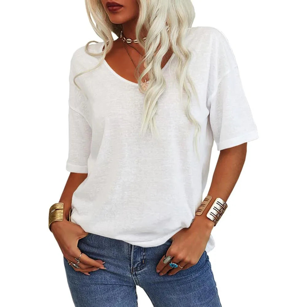 T-shirt da donna girocollo tinta unita in cotone mezza manica manica manica 3/4 casual piega ampia abiti autunnali di base