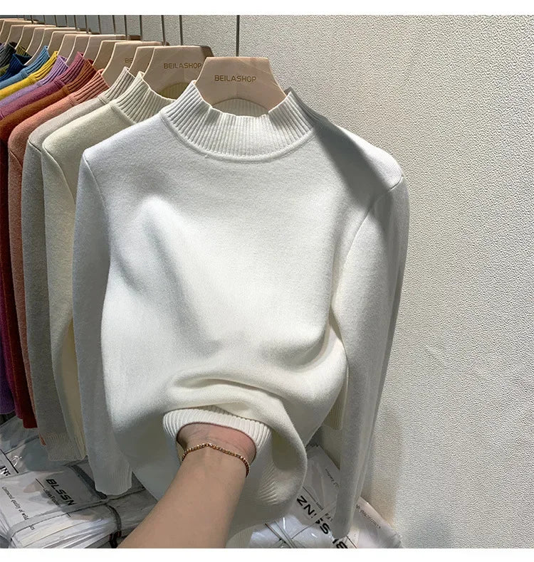 Elegante maglione addensato foderato in pile da donna per Polo a maniche lunghe autunno/inverno/Top termico con collo alto usura interna