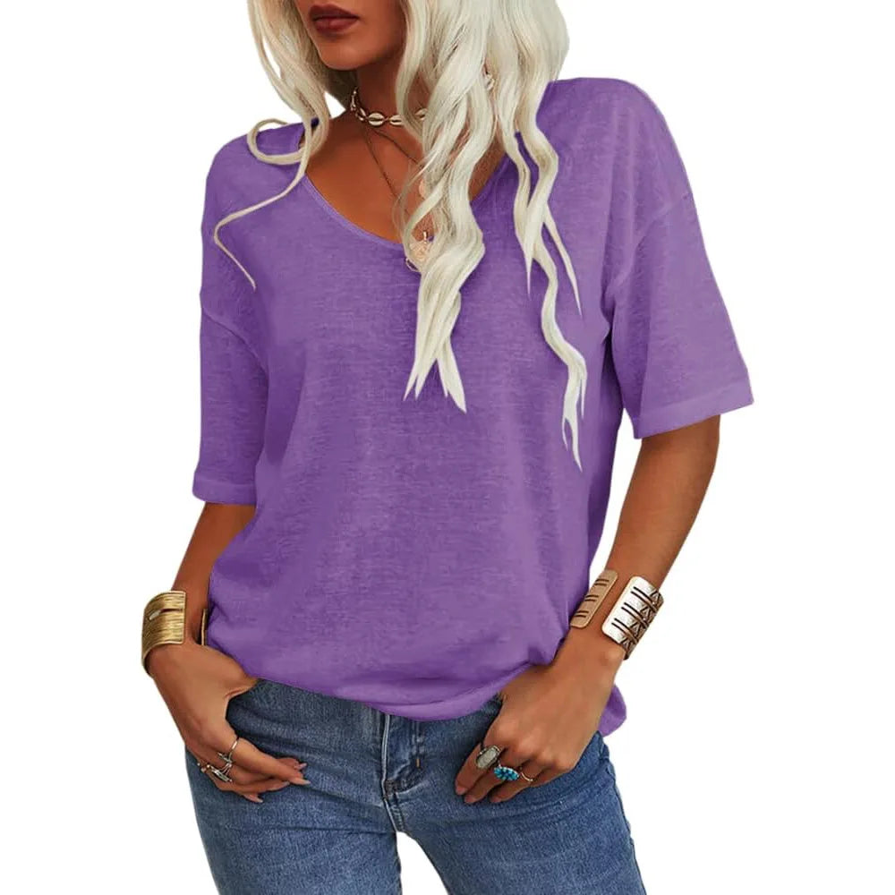T-shirt da donna girocollo tinta unita in cotone mezza manica manica manica 3/4 casual piega ampia abiti autunnali di base
