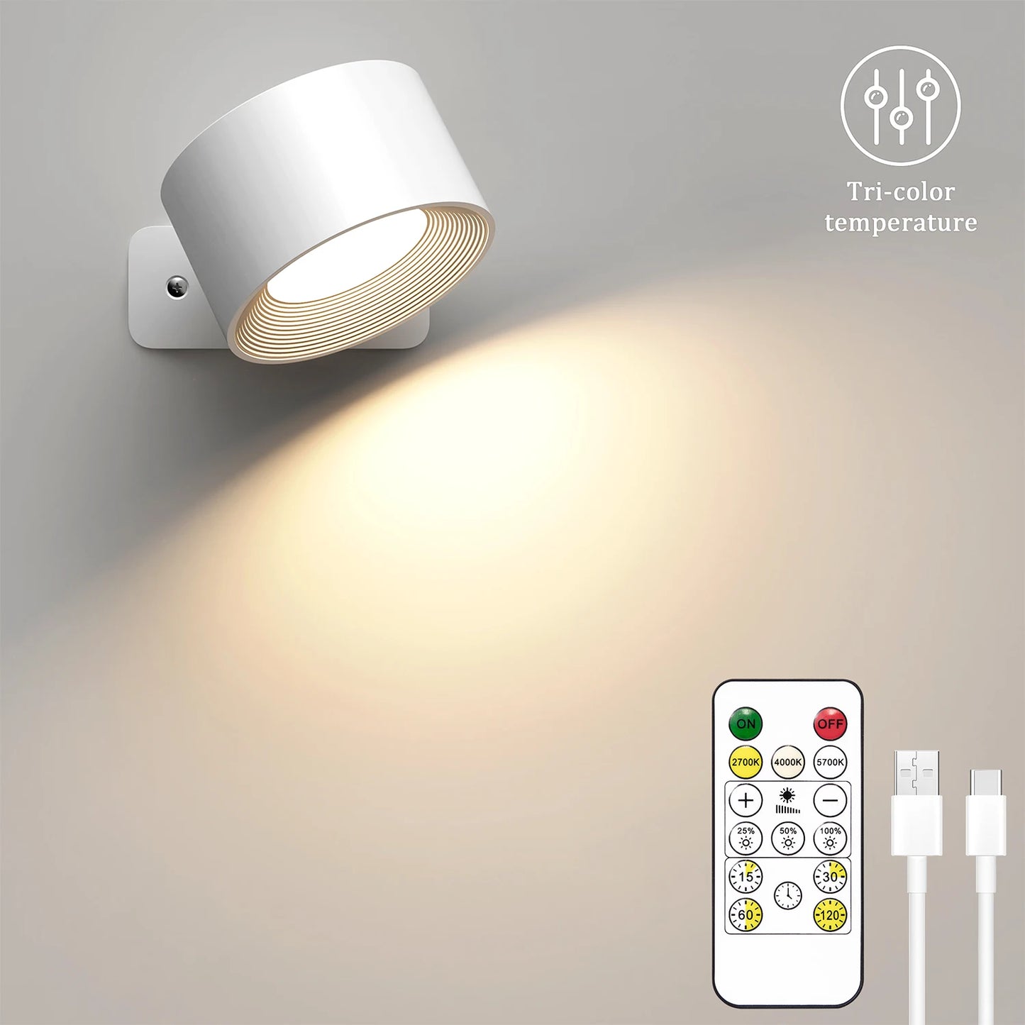 2000mAh Magnetic LED Wall Light – Rechargeable, 3 Colors and 360° Rotation