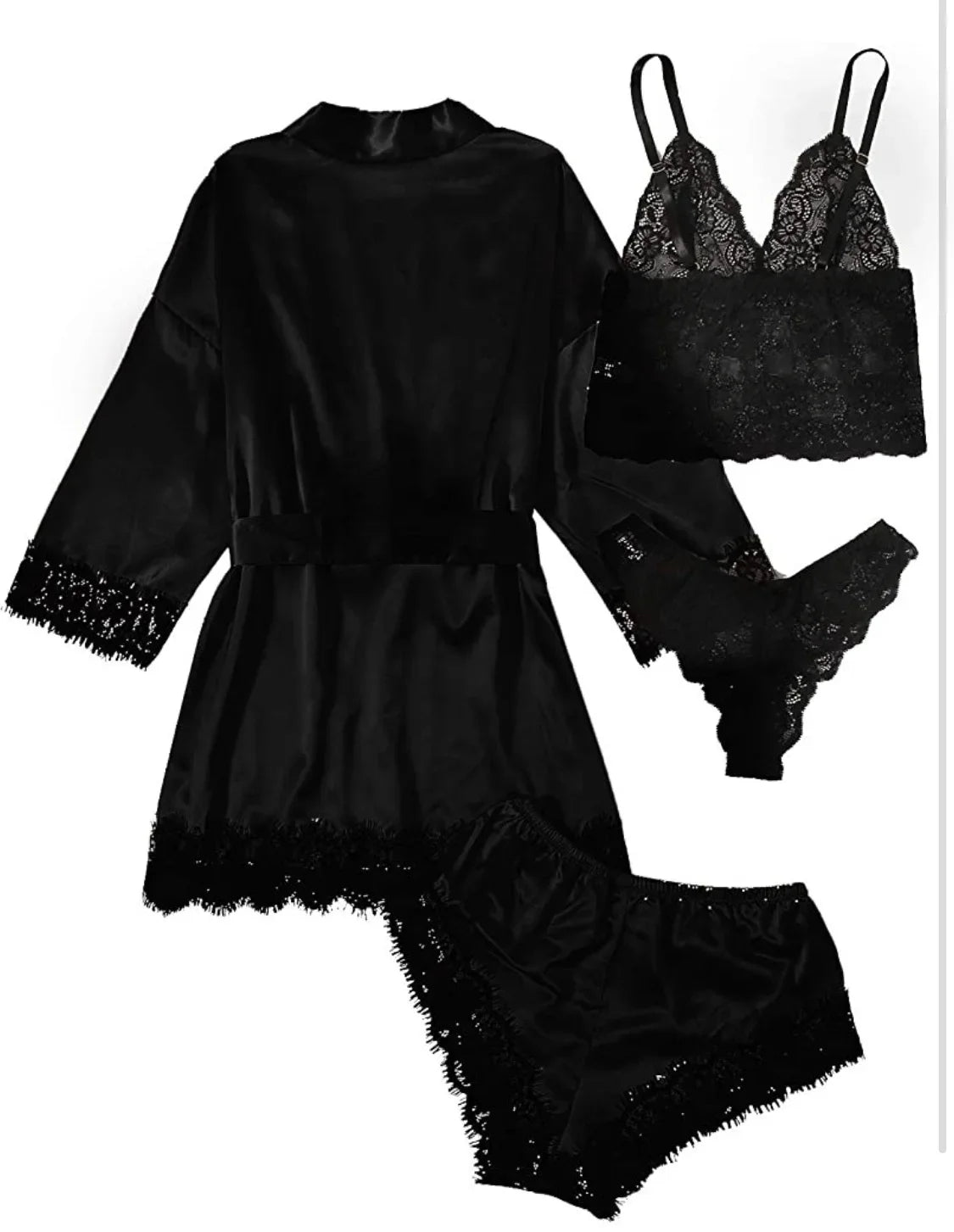 4 Piece Satin Pajama Set with Lace Trim.