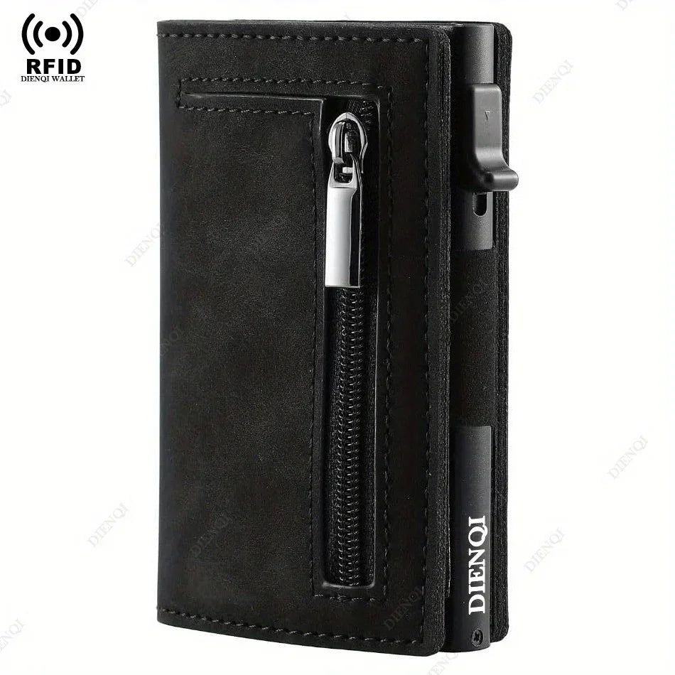 Leather RFID Card Holder – Slim Wallet and Magnetic Coin Pocket