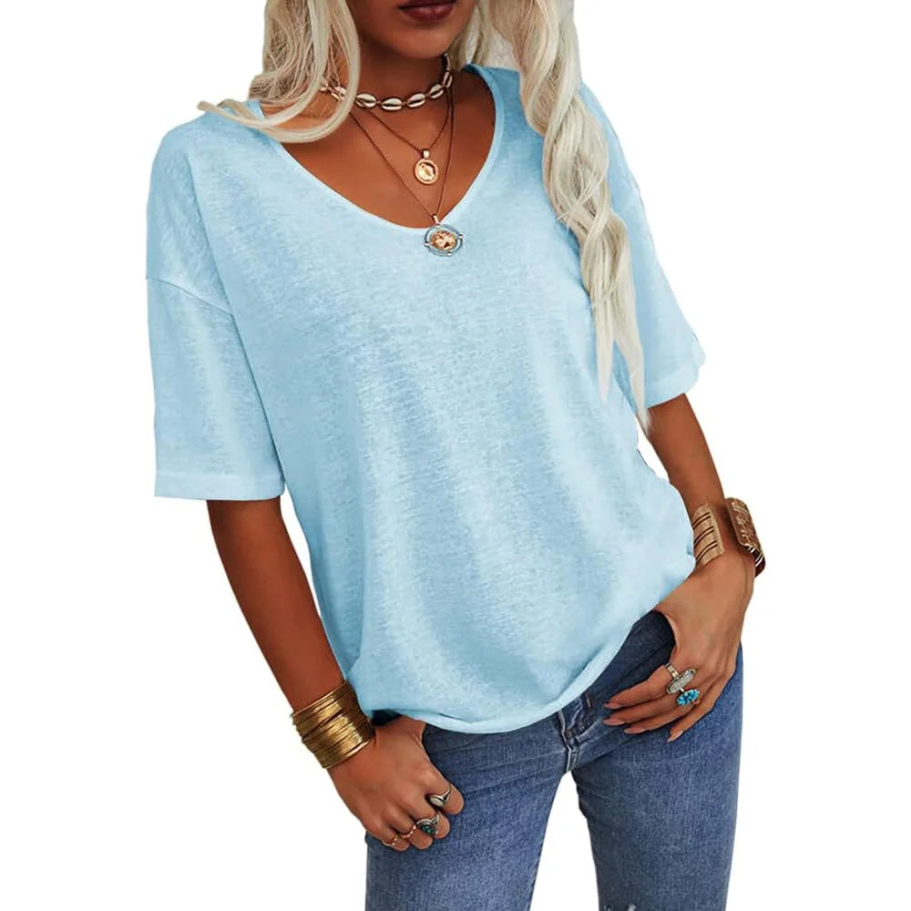T-shirt da donna girocollo tinta unita in cotone mezza manica manica manica 3/4 casual piega ampia abiti autunnali di base