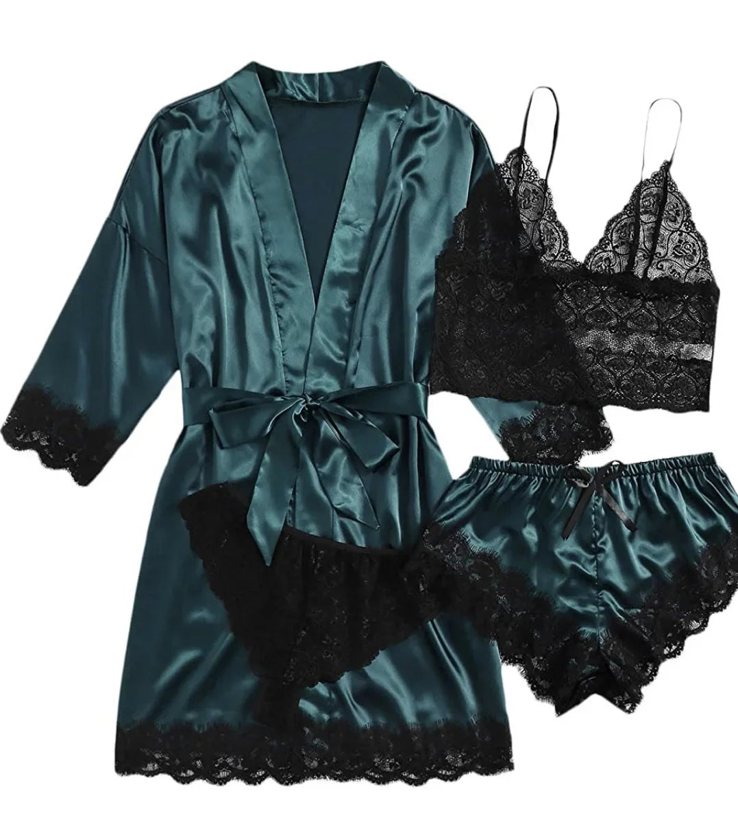 4 Piece Satin Pajama Set with Lace Trim.