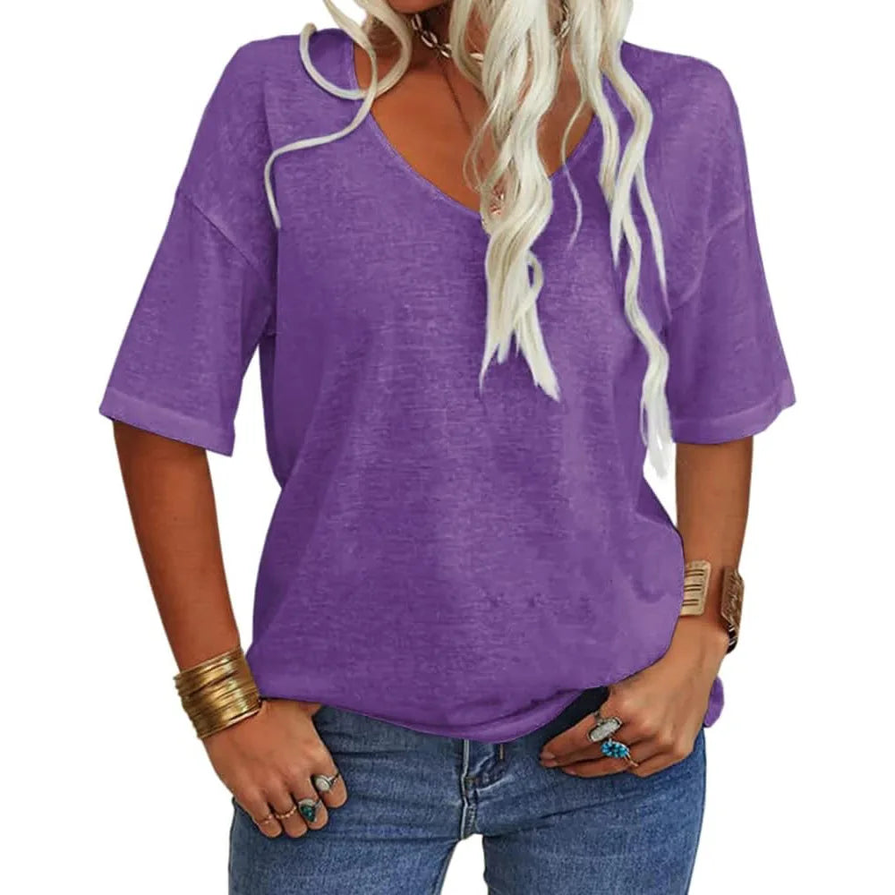 T-shirt da donna girocollo tinta unita in cotone mezza manica manica manica 3/4 casual piega ampia abiti autunnali di base