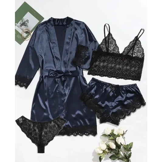 4 Piece Satin Pajama Set with Lace Trim.