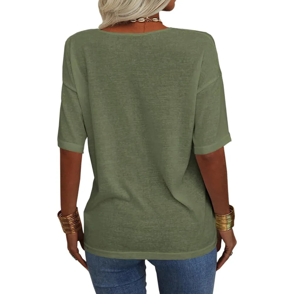 T-shirt da donna girocollo tinta unita in cotone mezza manica manica manica 3/4 casual piega ampia abiti autunnali di base